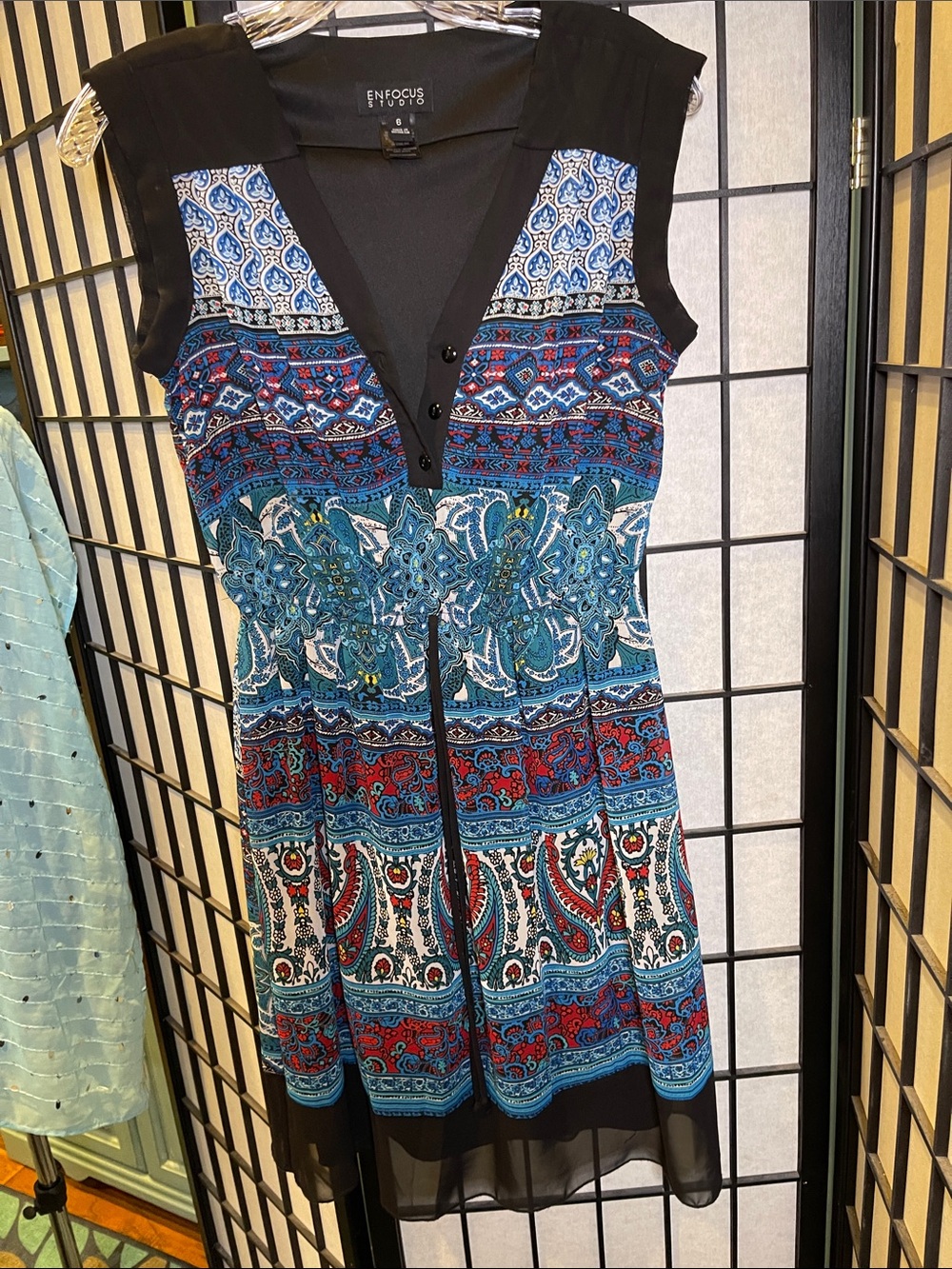Enfocus Studio Teal, Blue and Red Paisley V-Neck Sleeveless Boho Dress.